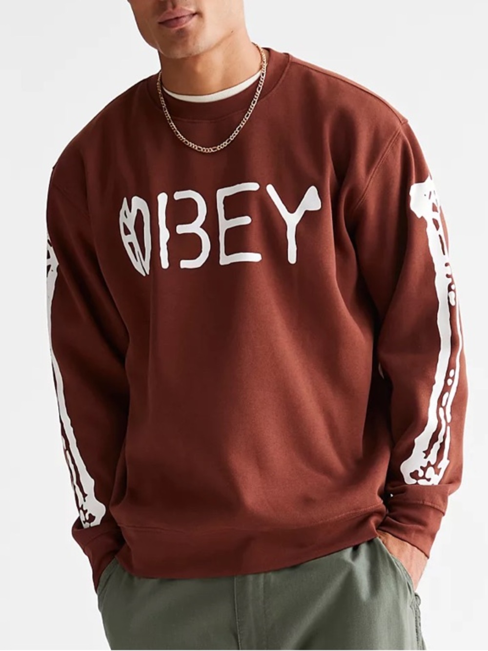 OBEY UO Exclusive Large Crew Neck Sweatshirt Rust Crewneck with White Graphic